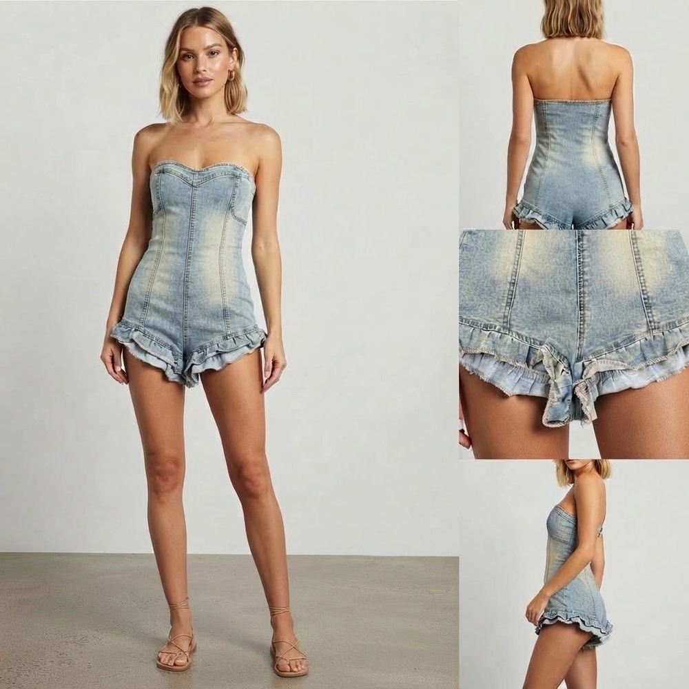 Edikted Winnie Washed Denim Romper S Strapless Ruffle Acid Wash Corset Y2K 3222